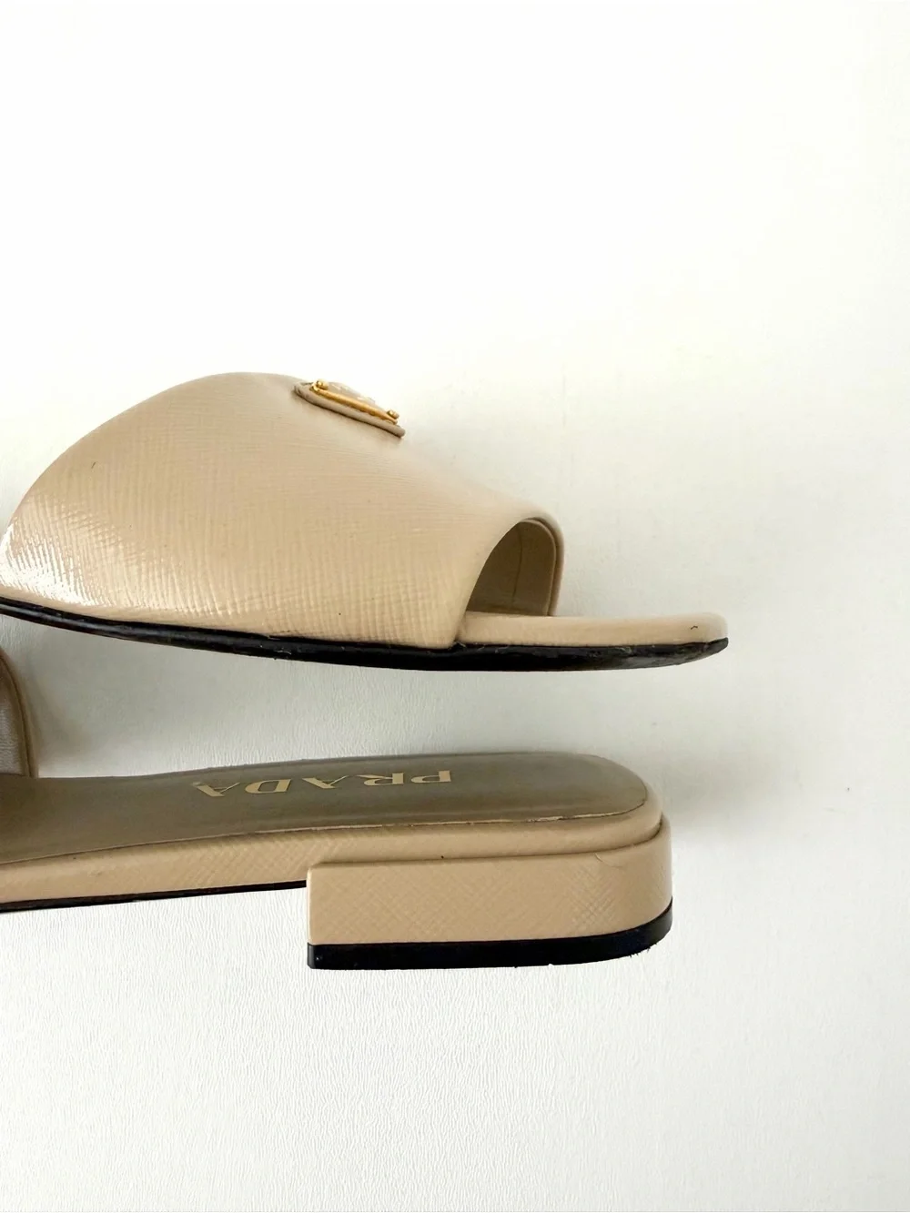 PRADA | Saffiano Patent Leather Triangle Logo Slides Sandals Flats Beige Sand 38